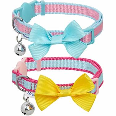 Imagem de Blueberry Pet Pacote com 2 coleiras de gato, clássico sólido ajustável Breakaway Cat Collar com sino e gravata borboleta, Pink Fairytale, Neck 22,8 cm-33,0 cm