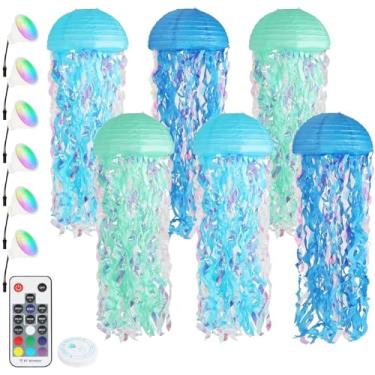 Imagem de Lanternas de água-viva brilhantes - pacote com 6 com corda de 11 m, controle remoto que muda de cor, decorações de água-viva penduradas para festa submarina, decorações de aniversário de sereia