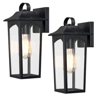 Imagem de YKLITG Pacote com 2 luminárias de parede externas, lanterna de parede externa grande de 35 cm, arandela industrial preta com sombra de vidro transparente para varanda, porta Fornt, garagem, pátio