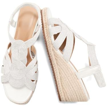 Imagem de HARENCE Sandálias de cunha para mulheres alpargatas: plataforma confortável com tira elástica no tornozelo, salto cunha, elegante, bico aberto, sapatos de casamento de verão, Branco, 34