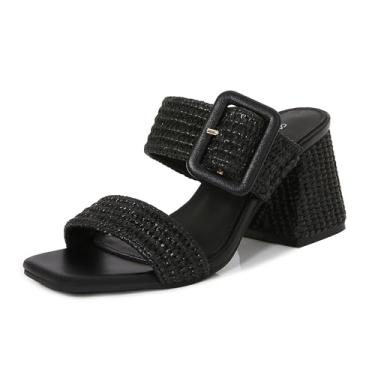 Imagem de Shion ShaaYii Sandálias femininas Raffia Slide Square Open Toe Sandálias de salto duas tiras Mules Slip On Block Sandálias de salto grosso para mulheres, Raffia preta, 38