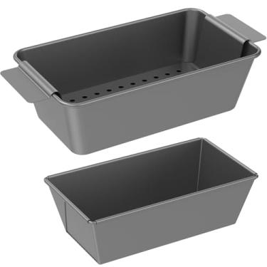 Imagem de KHZSPP Forma de bolo de carne com bandeja de drenagem 31 × 14,6 × 7,6 cm com 1 torradeira 20 × 11,5 × 6,8 cm aço carbono com alça larga antiaderente forma de pão assadeira para assar torradas bolo de