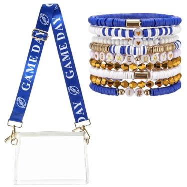 Imagem de Tondiamo 2 peças bolsa transversal transparente para dia de jogo e pulseira elástica empilhável com contas Heishi para roupa de evento de estádio de futebol, Azul, Dia de jogo