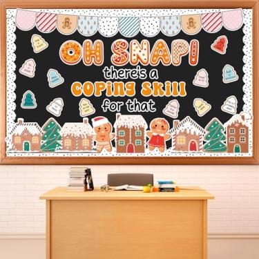 Imagem de Quadro de avisos com habilidade de pão de gengibre de Natal, recortes de papel para casa de homem de gengibre, decorações de quadro de avisos de Natal para sala de aula, quadro-negro, decoração de