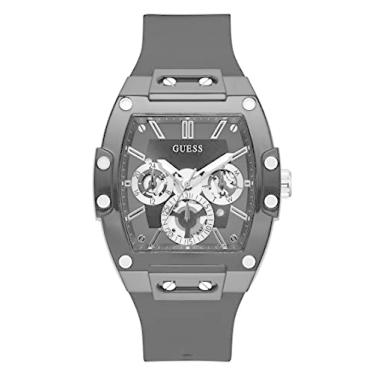Imagem de GUESS Relógio masculino Trend multifuncional de 43 mm – mostrador preto com capa de policarbonato preto fosco e pulseira de silicone, Preto/prateado, Relógio de quartzo