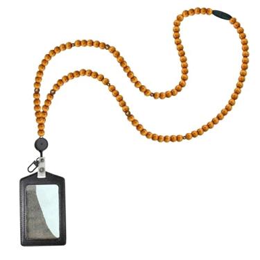 Imagem de Cordão de madeira com contas para professores com suporte de identificação retrátil para crachás de identificação para mulheres fofos (nogueira-preto)