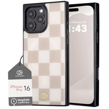 Imagem de Cocomii - Capa retangular compatível com iPhone 16 Pro - compatível com MagSafe, padrão xadrez, estilo tabuleiro, capa de telefone magnética para iPhone 16 Pro de 6,3 polegadas, nude/branco antigo