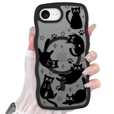 Imagem de Heaofei Capa fofa para iPhone 16e [compatível com MagSafe] com estampa de gato preto Kawaii, design para mulheres e meninas, borda ondulada macia, antiderrapante, capa protetora magnética animal