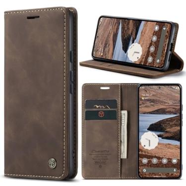 Imagem de Phernykas Capa carteira flip para Google Pixel 9 Pro XL, capa fólio magnética de couro com suporte para cartão, suporte durável - capa protetora de telefone TPU à prova de choque - café