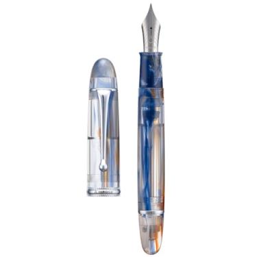 Imagem de Asvine Caneta-tinteiro V800 – Sistema de enchimento a vácuo com grande capacidade de tinta – Ponta extra fina lisa número 8 com caixa de presente e chave inglesa - azul e marrom