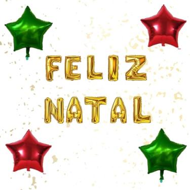 Imagem de Balões Metálicos de Feliz Natal, Estrelas Vermelhas e Dourado, Decoração Natalina