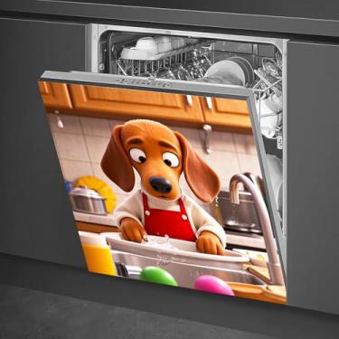 Imagem de HOMETITUTE Capa magnética para lava-louças 58 x 66 cm cachorro animado em avental vermelho lavar louças capa magnética para máquina de lavar louça para decoração de utensílios de cozinha adesivo