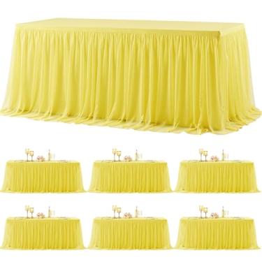 Imagem de Pacote com 6 toalhas de mesa de tule amarelo para mesas retangulares de 1,8 m, toalhas de mesa retangulares amarelas de 1,8 m, capa de mesa sem rugas, com saia tutu para aniversário, coquetel