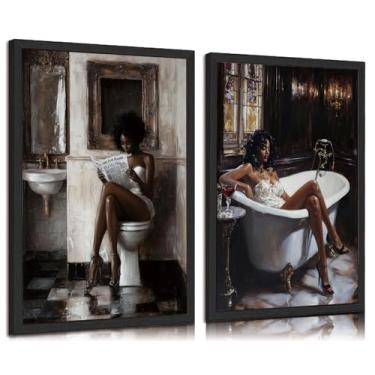 Imagem de 2 peças de arte de parede em tela de banheiro mulheres negras afro-americanas impressões tintas moda menina negra lendo jornal decoração de parede fotos para banheiro banheiro móveis decoração sem