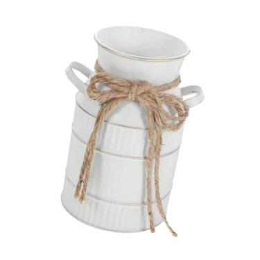 Imagem de WeiLaiKeQi Vaso de flores de metal estilo fazenda chique design retrô boho antigo com alça jarra vaso de flores balde para sala de estar campestre, Branco