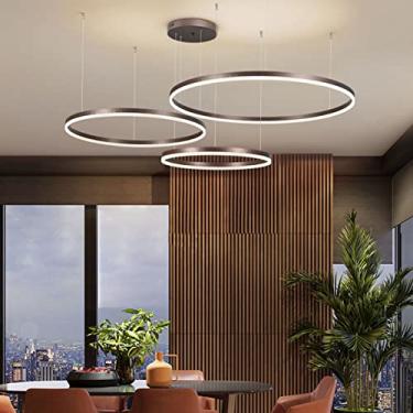 Imagem de Luminária pendente moderna de anel, lustre ajustável em altura, regulável com controle remoto, luz de teto, luminária pendente de mesa de jantar (marrom, 3 anéis: D40+60+80 cm)