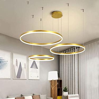Imagem de Lustre LED moderno, luz pendente LED de acrílico e metal com controle remoto regulável, luminária pendente de teto com anéis escovados, sala de estar, quarto, hall de entrada, sala de jantar