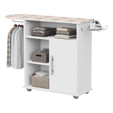 Imagem de Tabua de Passar Roupa com Prateleiras 1 Porta com Divisórias Porta Cabide Porta Ferro, Tabua de Passar Roupa Reforçada, (BRANCO)