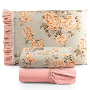 Imagem de Jogo Cama Lençol Fiore Solteiro Estampado 180 Fios 100% Algodão com Babadinho 3 Peças Salmão Floral
