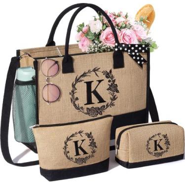 Imagem de Sacola MAYICIVO de juta com monograma e 2 bolsas de maquiagem