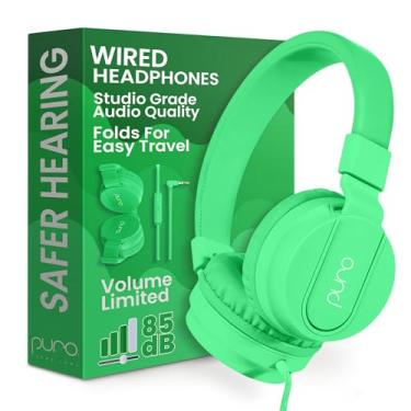 Imagem de Fone de ouvido com fio e limitação de volume PuroBasic para crianças, meninos, meninas 2+ Head Phone dobrável e ajustável e microfone embutido, compatível com iPad, iPhone, Android, PC e Mac - da Puro Sound Labs, verde