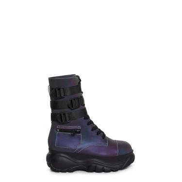 Imagem de Dolls Kill Botas de combate de bolso Mad Hustle da Poster Grl – Botas de combate de plataforma grossa com bolsos com zíper e alças com fivela, Prata, 34