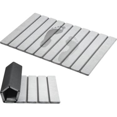 Imagem de AWW Tapete de banho dobrável de pedra, diatomita super absorvente, tapete antiderrapante de secagem rápida, compacto, cinza claro, 60 x 49 cm