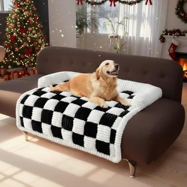 Imagem de LiveGo Capas de sofá felpudas para sofá, capa de sofá felpuda para cama de cachorro xadrez creme tapete de pelúcia para móveis protetor de móveis para cães e gatos grandes e médios (preto, 90 cm x 90