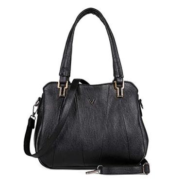 Imagem de Bigfanshu Bolsas femininas retrô de couro com três camadas de bolso, bolsa carteiro, bolsa de ombro luxuosa, bolsa casual moderna, Preto, 29cm 14cm 23cm