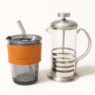 Imagem de Kit Café Premium com Prensa Francesa 400ml em Aço Inox e Vidro, Copo Térmico 340ml com Canudo e Proteção em Couro Sintético