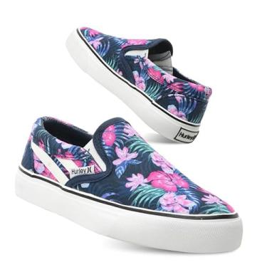 Imagem de Hurley Tênis infantil de lona sem cadarço – Tênis de skate de cano baixo para crianças, calçados esportivos para meninos e meninas, tênis casuais, Floral preto, 12 Little Kid