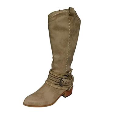 Imagem de Bigfanshu Botas femininas ocidentais de inverno bico fino cano longo botas de cavaleiro feminino salto alto cano cano alto sapatos de panturrilha larga moda feminina conforto atlético ocasião sapatos de gancho e laço botas, Cáqui, 9.5