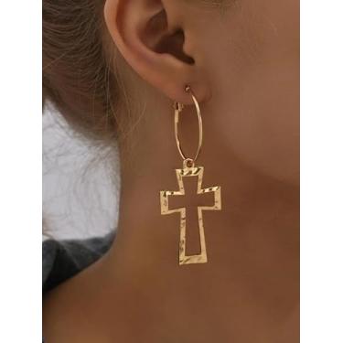 Imagem de Brincos femininos com pingente vazado, cruz, moda, personalidade, exagerado, cor dourada, círculo, acessórios punk, acessórios diários, joias de festa, presentes