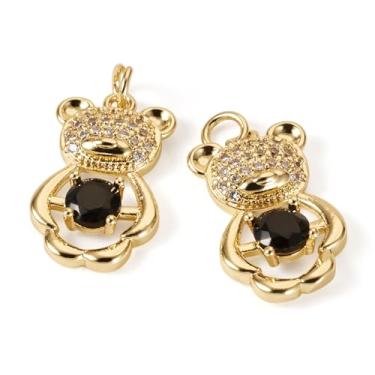 Imagem de 2 pingentes de urso de zircônia cúbica de latão, pingentes de animais fofos, micro pavê de strass, banhado a ouro 18 K com laço para fazer joias, porta-chaves, enfeite de pendurar, preto