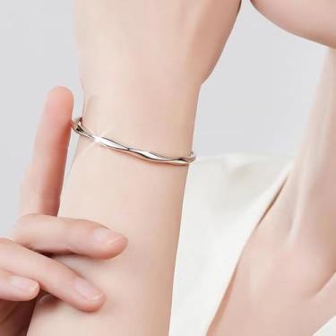 Imagem de Pulseira feminina de prata aberta com punho aberto na moda, pulseira meio aberta, pulseiras delicadas de tecelagem torcida, pulseiras minimalistas, berloque elegante, ajustável, joias simples