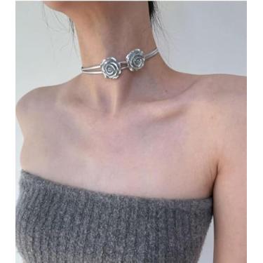 Imagem de Colar de flor de rosa de prata de camada dupla, moda feminina, correntes de clavícula, temperamento, gargantilhas de personalidade suave, acessórios, joias de presente para amigas