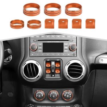 Imagem de Amayum 9 peças de console central AC botão interruptor de controle de janela painel adequado para Jeep Wrangler JK JKU 2012-2018 kit de anel de botão de volume de rádio, laranja