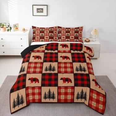 Imagem de Feelyou Conjunto de edredom Queen para caça de urso, casa de fazenda, ocidental, animal, chalé, rústico, bosque, vermelho, para decoração de quarto, microfibra, 3 peças com 2 fronhas