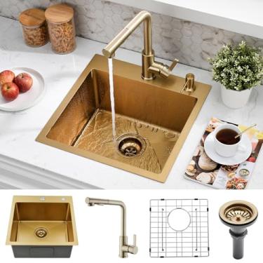 Imagem de SOMRXO Pia de barra suspensa de 45 cm com combinação de torneira | Aço inoxidável dourado, tigela única de montagem superior, design moderno durável | Pia pequena para trailer, preparação de bar e