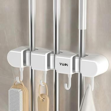 Imagem de Suporte de parede para esfregão e vassoura com 3 compartimentos de garra e 4 ganchos, organizador adesivo sem perfuração para economia de espaço para casa (branco)