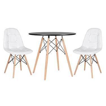 Imagem de Loft7, Kit Mesa Eames Eiffel 80 cm preto + 2 cadeiras estofadas Botonê branco