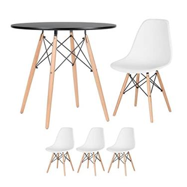 Imagem de Loft7, Kit Mesa Redonda Eames 80 cm Preto + 3 Cadeiras Eames DSW, Polipropileno, Aço e Madeira, Escritório, Sala de Estar e Sala de Jantar - Branco