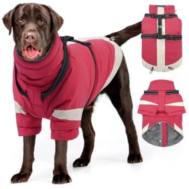 Imagem de MIGOHI Casaco para cães com arnês embutido, jaqueta térmica 2 em 1, roupa de neve refletiva para cães grandes, forrado com lã com gola rolê, casacos com fivela ajustável, Border Collies, rosa, GG