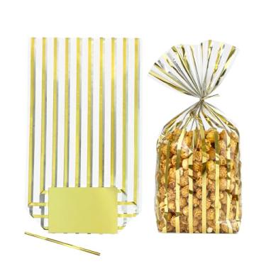 Imagem de EKAPACKAGING 25 peças, 20 x 33 cm, sacos de celofane com listras douradas, sacos de celofane com laços