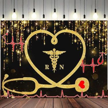 Imagem de AlELCJY Pano de fundo curvo de batimento cardíaco preto dourado parabéns com glitter para decoração de festa de enfermeira, faixa de agradecimento de festa de graduação de médico (preto, 2,1 x 1,5 m)