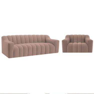 Imagem de Kit 1 Sofá 150cm 2 Poltrona Luxo Recepção Sala Elegance Linho Cor Rosê