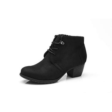 Imagem de VJH confort Botas femininas até o tornozelo, cadarço, bico redondo, confortável, salto baixo, botas sociais com zíper lateral, Preto, 9.5
