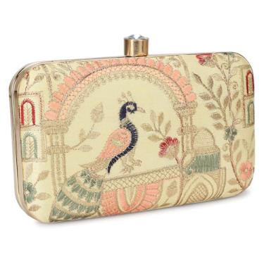 Imagem de LONGING TO BUY Embrodiery Peacock Embrodiery Vintage Floral Bordado Noite, Bolsa de Mão Caixa de Metal Dourado com Fecho de Cristal, Tecido Brocado Creme com Flores Vermelhas e Rosa