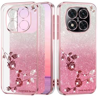 Imagem de Yarxiawin Capa de telefone para Xiaomi Redmi Note 14 Pro Plus 5G Estética fina, efeito glitter para Xiaomi Redmi Note 14 Pro Plus, capa transparente de silicone macio Shockpooof capa rosa floral para