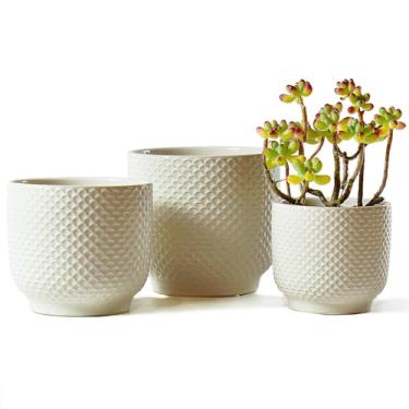 Imagem de Vasos de cerâmica de 10 + 15 + 15 cm para plantas de interior, vasos de suculentas, vaso de flores de orquídea com orifício de drenagem, vasos modernos de grés de barro, conjunto de 3 (branco, 10 + 15